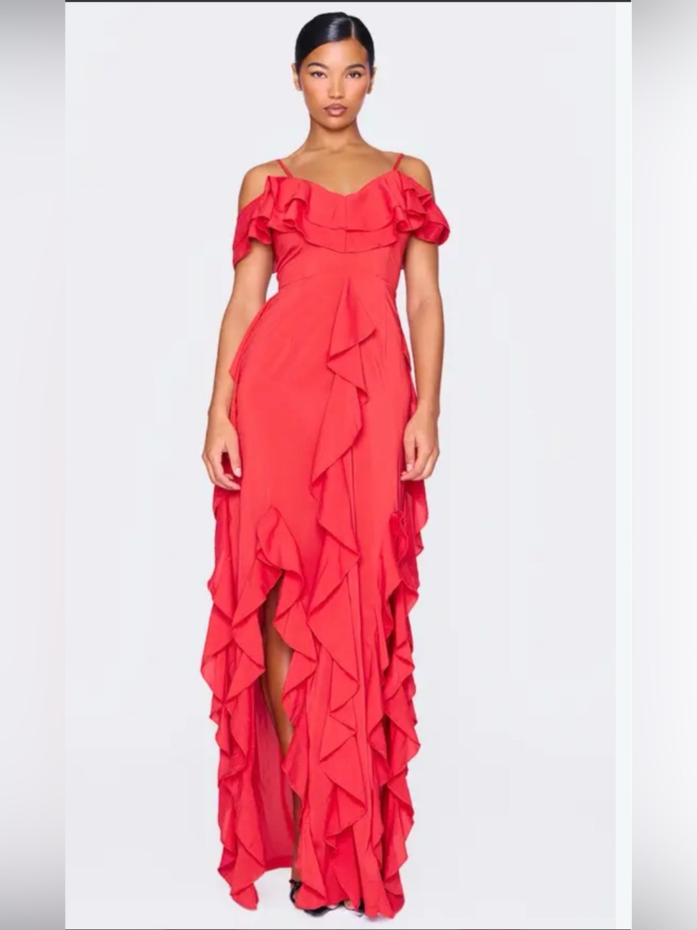 PrettyLittleThing Coral Red Ruffle Cold-Shoulder High-Low Maxi Dress